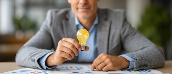 Fototapeta premium Man finds a bright idea reviewing paperwork