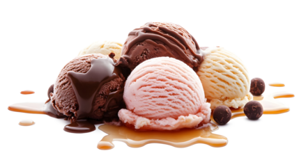 A white background with a chocolate sauce and three ice cream scoops on top