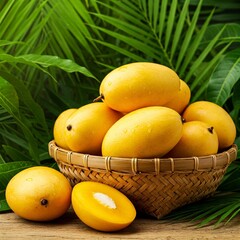 Juicy ripe mangoes nestled in a woven bamboo basket, lush foliage backdrop evoking tropical freshness and organic vibes.