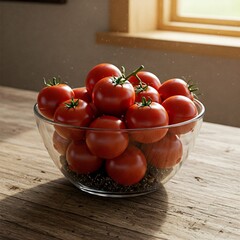 Glossy red tomatoes on a terracotta plate, earthy textures and rustic charm highlighted by soft daylight.
