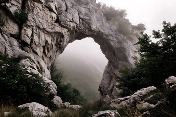 White rock arch amid green plants in misty mountains  
