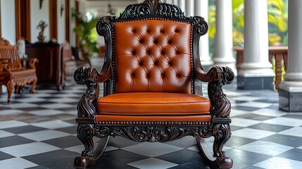 Ornate chair, brown leather, dark wood, elegant