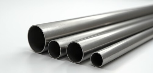 Metal pipes isolated on white background. Stainless steel aluminum industrial tubes. Different diameters show construction, plumbing, industry solutions, engineering innovations. High-quality