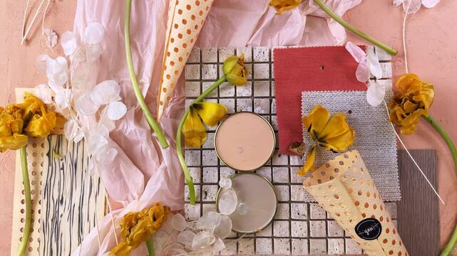 color palette mood board in pink tones with peach accents for interior design and decoration