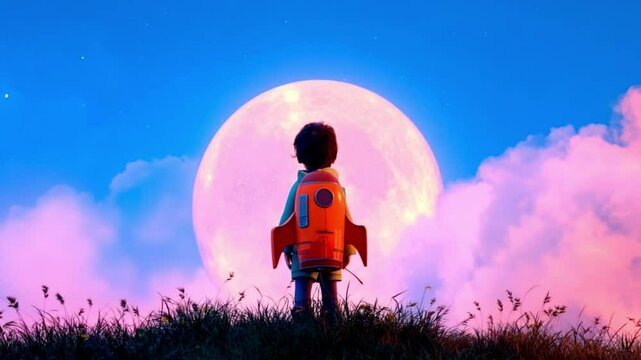 Boy with rocket backpack faces glowing pink moon. Camera static. 4K.
