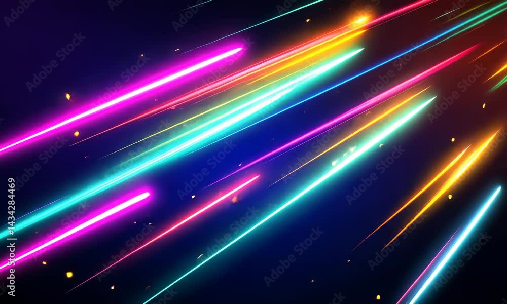 Poster vibrant neon light trails in dynamic motion across dark background