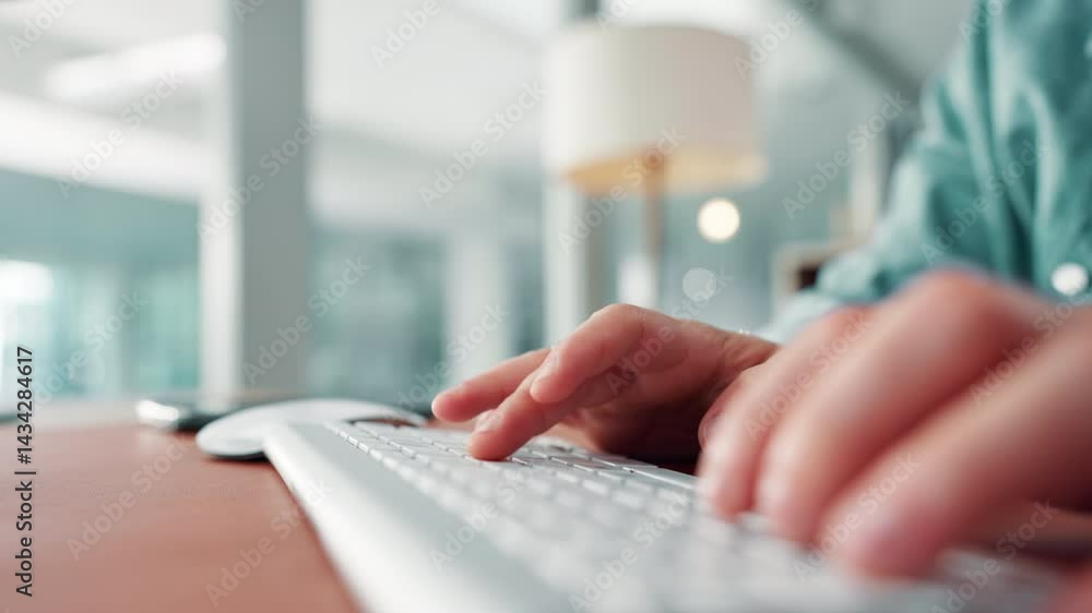 Poster hands, keyboard and typing at office, project and creativity for newsletter with time management at 