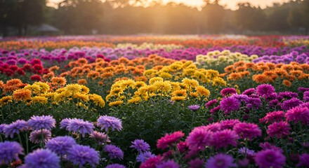 Fototapeta premium A Magical Garden Where Asteraceae Flowers Grow In Rainbow Colors