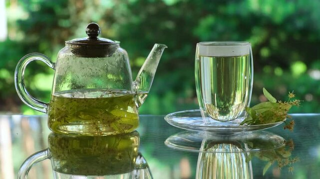 Linden Tea Pouring from Teapot into Glass Cup. Tea ceremony outdoors in summer or spring day. Refreshing Linden Herbal Tea in a Glass Cup
