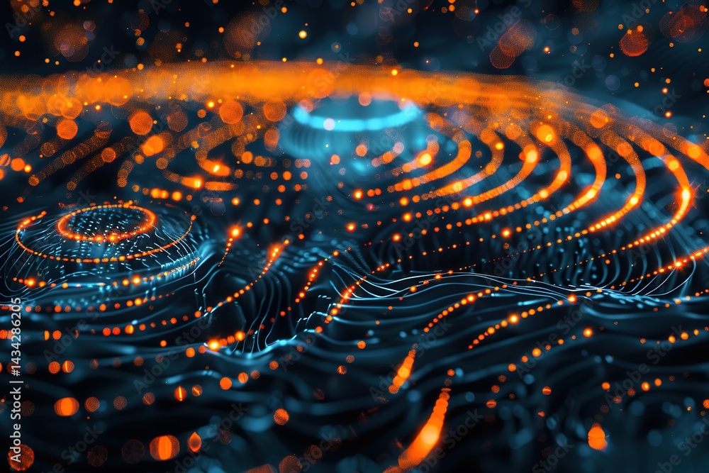 Poster abstract glowing topography: digital landscape with illuminated points and curving lines