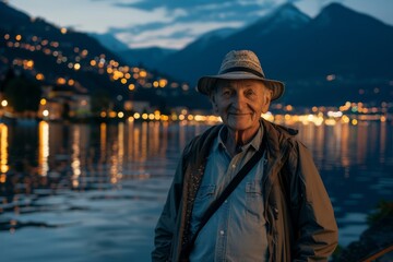 Obraz premium Happy older man standing in nature park enjoying natural park landscape. Smiling mature active traveler exploring camping tourism nature lake and mountains travel journey feeling freedom.