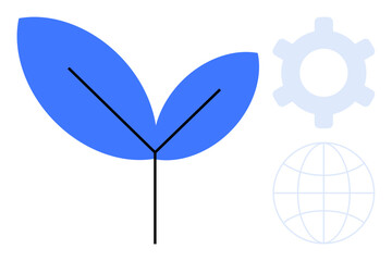Blue leaf sprouting with globe and gear in background, symbolizing nature, technology, and global progress. Ideal for sustainability, growth, innovation, ecology environment business. Flat simple