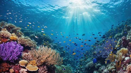 Obraz premium A colorful coral reef with bright fish and sunlight shining through the water creates a magical atmosphere of the underwater world.
