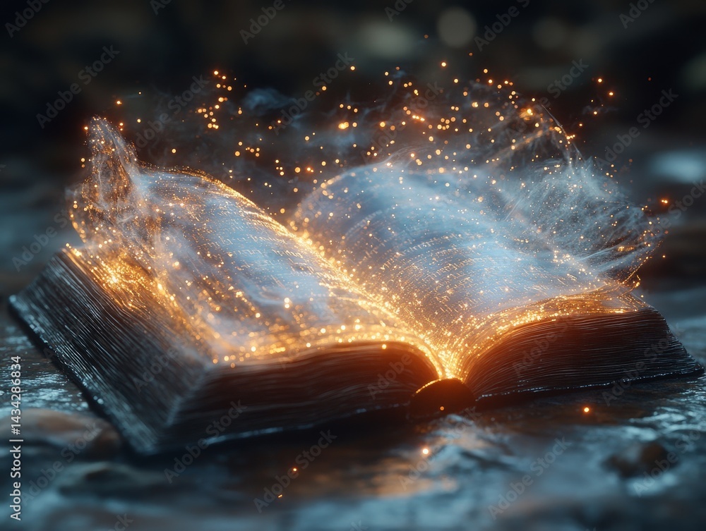 Poster mystical open book: illuminating knowledge and imagination with sparkling light, representing educat