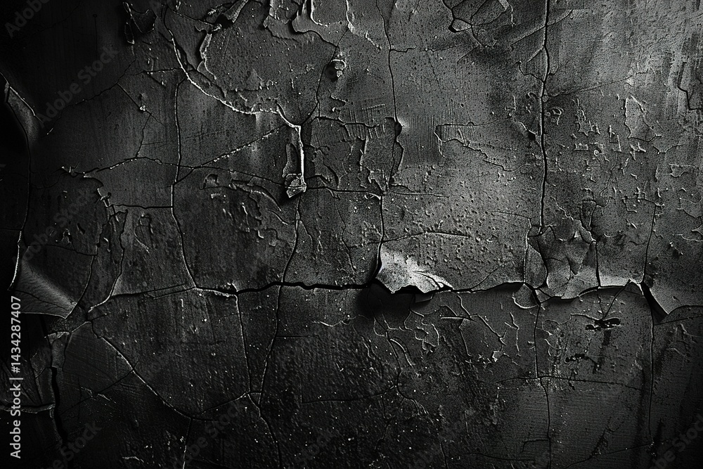 Poster cracked and peeling dark paint on a rough surface creating abstract textures and patterns