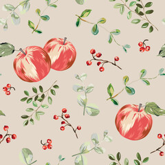 Autumn apples, green leaves, red berries, beige background. Vector seamless pattern. Fall season illustration. Forest and garden plants. Nature design