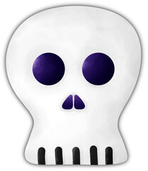 A cartoonish white skull with dark blue circular eye sockets and triangular nostrils. The mouth has five black vertical lines representing the teeth.