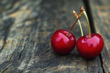 Two plump, ripe cherries resting on weathered wood planks.