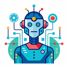 Modern Flat Design Robot Illustration With Blue Accents On A White Background