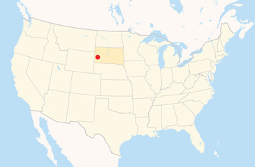 Obraz premium Location Map of the city Rapid City in South Dakota, USA. The state is marked orange and the city is highlighted with a red dot. No labels at all.