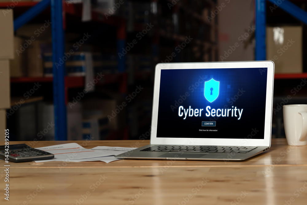 Poster cyber security system on computer screen protect private information snugly from hacker and cyber at