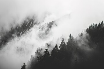 Misty Mountains: A monochrome forest scene enveloped in ethereal fog and cloud cover