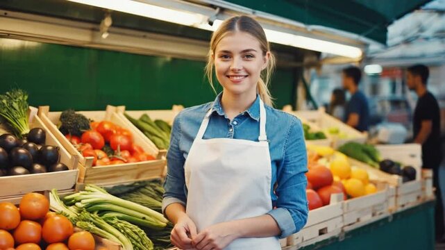A young caucasian vendor in white apron smiles among crates of fresh tomatoes, peppers and greens at an open market stall. concept of farm-to-table freshness and small business pride.