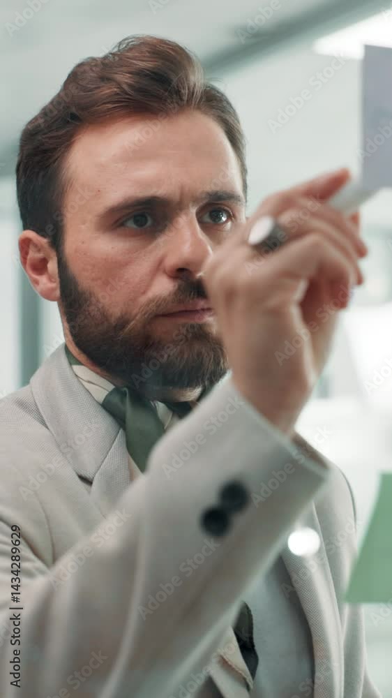 Poster glass wall, sticky notes and writing with business man in office for brainstorming or strategy. idea