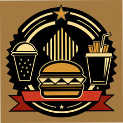 Retro Styled Fast Food Emblem Design With Burger,Fries And Drink