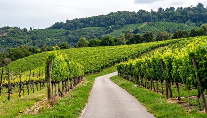 Fototapeta premium Winding Path Through Lush Green Vineyard Hills