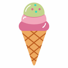 Colorful Cartoon Ice Cream Cone With Pink And Green Flavors Vector