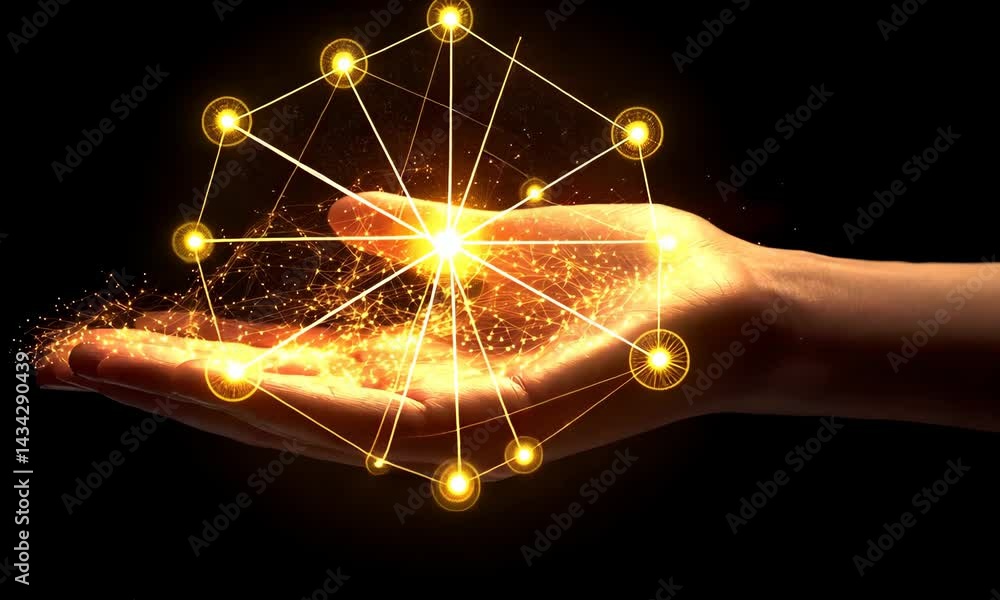 Poster glowing geometric network formation in open hand with golden sparkles
