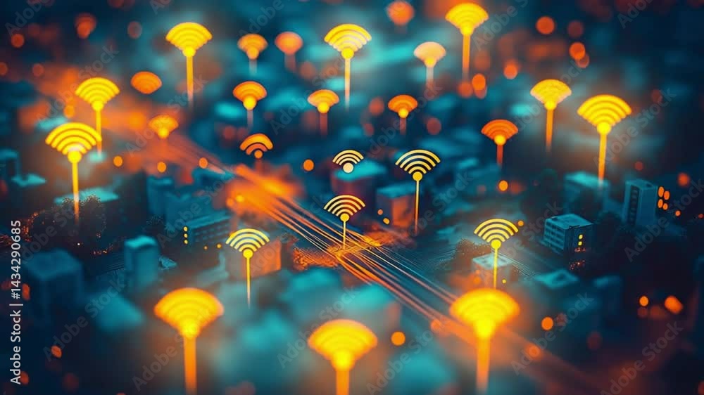 Poster dozens of luminous orange wifi icons hover above a miniature cityscape linked by neon roads. concept