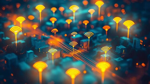 Dozens of luminous orange wifi icons hover above a miniature cityscape linked by neon roads. Concept of seamless connectivity and intelligent urban infrastructure.