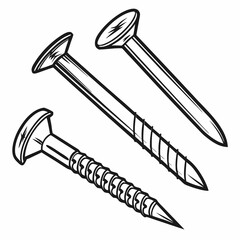 Monochrome Illustration Of Three Nails And Screws On White Background