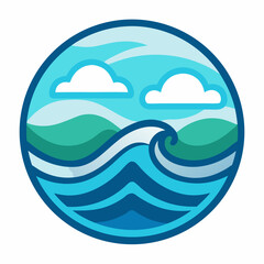 Stylized Ocean Scene With Waves And Clouds In A Circular Frame