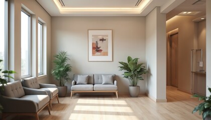 Modern interior design with waiting area, armchairs, sofa, green plants. Light tones, natural wood floor, abstract painting. Entrance to room, doors. Office, home, clinic, hotel, apartment design.