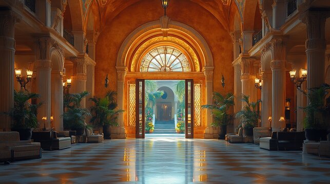 Grandiose Lobby with Arched Entrance and Reflected Light on Marb