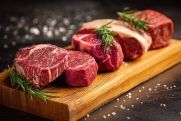 Fototapeta premium Close-up view of assorted cuts of raw beef on a wooden board, garnished with fresh rosemary. Rich, red hues dominate the image.