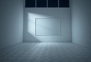 Dim light illuminates a minimalist empty room at night; white parquet floor, large window , window, calm