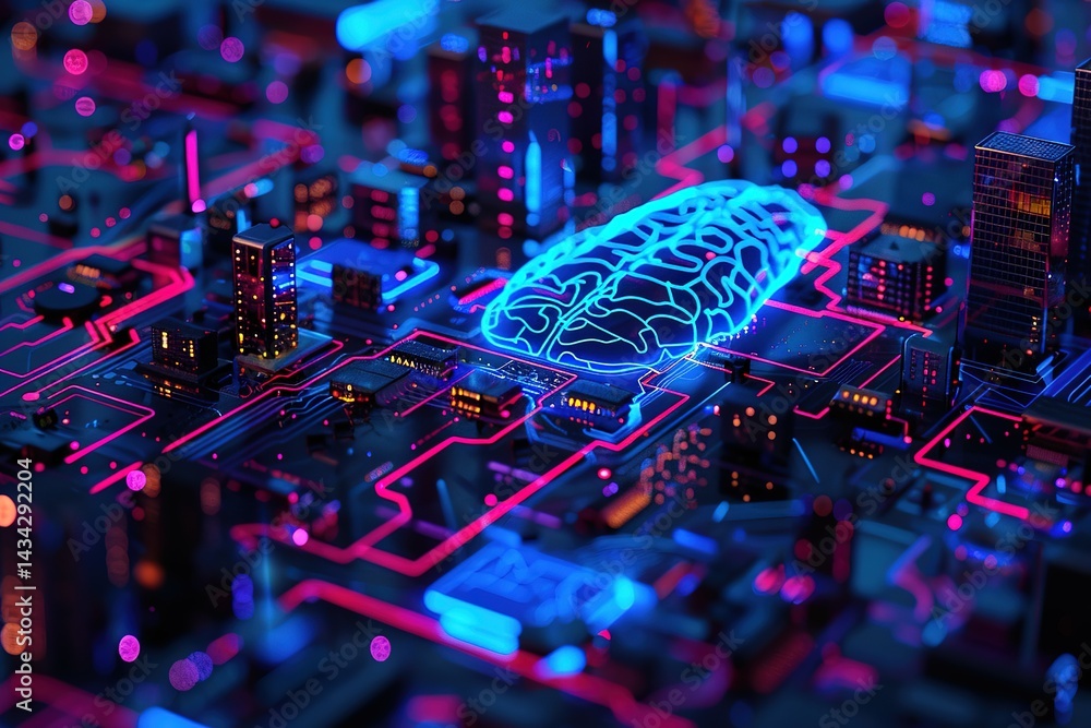 Poster artificial intelligence concept with glowing brain on a circuit board ai system
