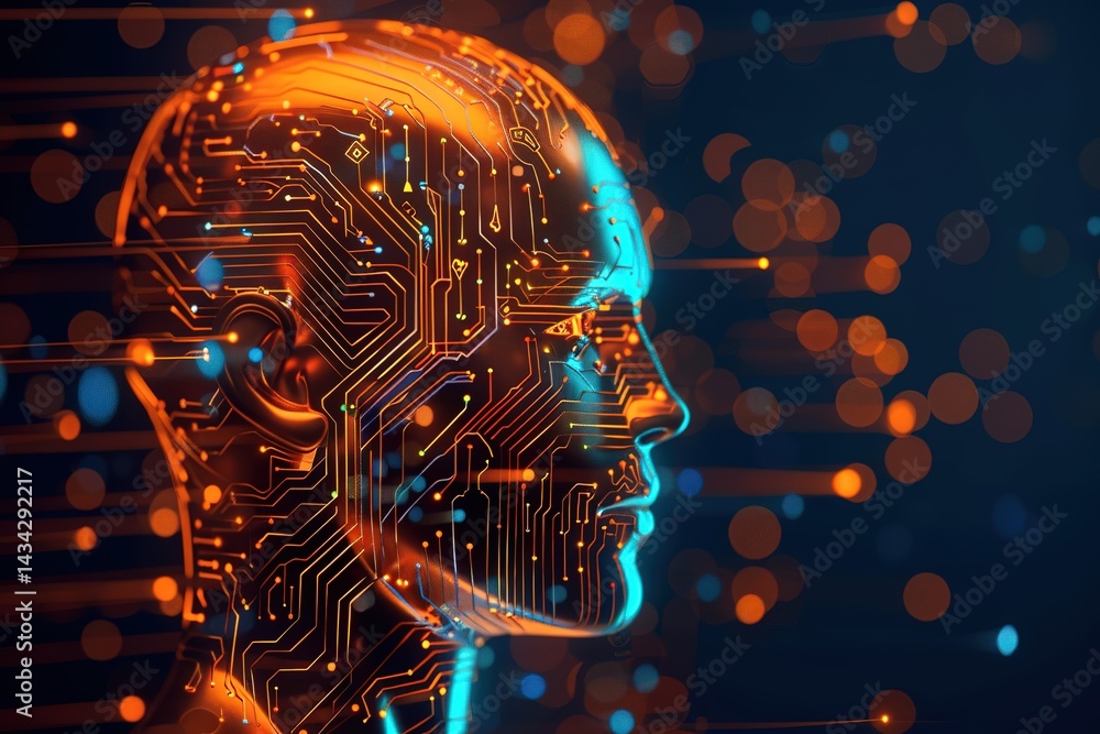 Poster artificial intelligence: head with circuit pattern representing technology and the future
