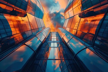 Skyscraper reflections showcasing architecture against a vibrant sunset sky