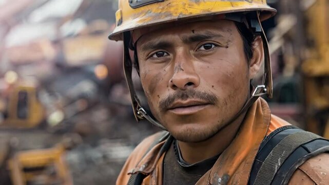 Latino miner wearing protective orange workwear and bright yellow safety helmet standing confidently while gazing directly at viewer, revealing weathered face and professional demeanor