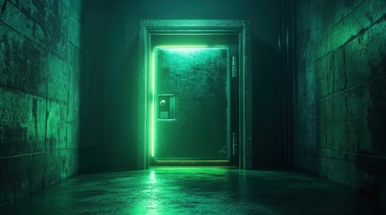 Obraz premium A dark, minimalist room with a glowing green light illuminating a heavy steel safe, mysterious yet modern