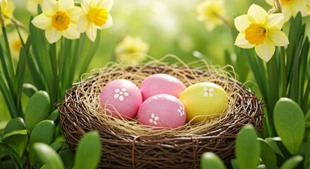 Easter Eggs in Nest with Daffodils Springtime Celebration
