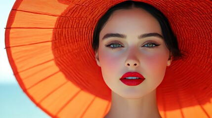 Woman Red Hat Summer Beach Portrait.