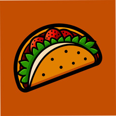 Stylized Taco Cartoon With Strawberries And Lettuce On An Orange Background