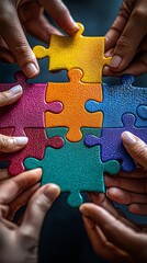 Diverse hands joining puzzle pieces; teamwork concept