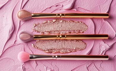 Beauty make up cosmetic women products accessories in line row on pink flat lay background, cheap discount commercial retail sale offer online purchase, top view above copy space, makeup wide banner